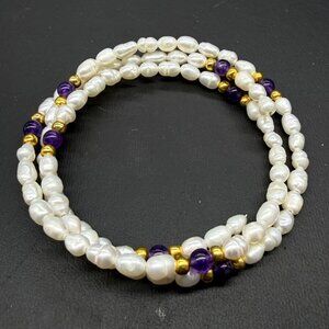 Vintage Genuine Real Triple Strand Baroque Freshwater Pearl Amethyst Goldtone